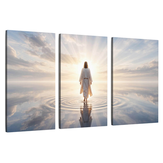 Jesus walking on water painting 3 piece canvas wall art set on a white background
