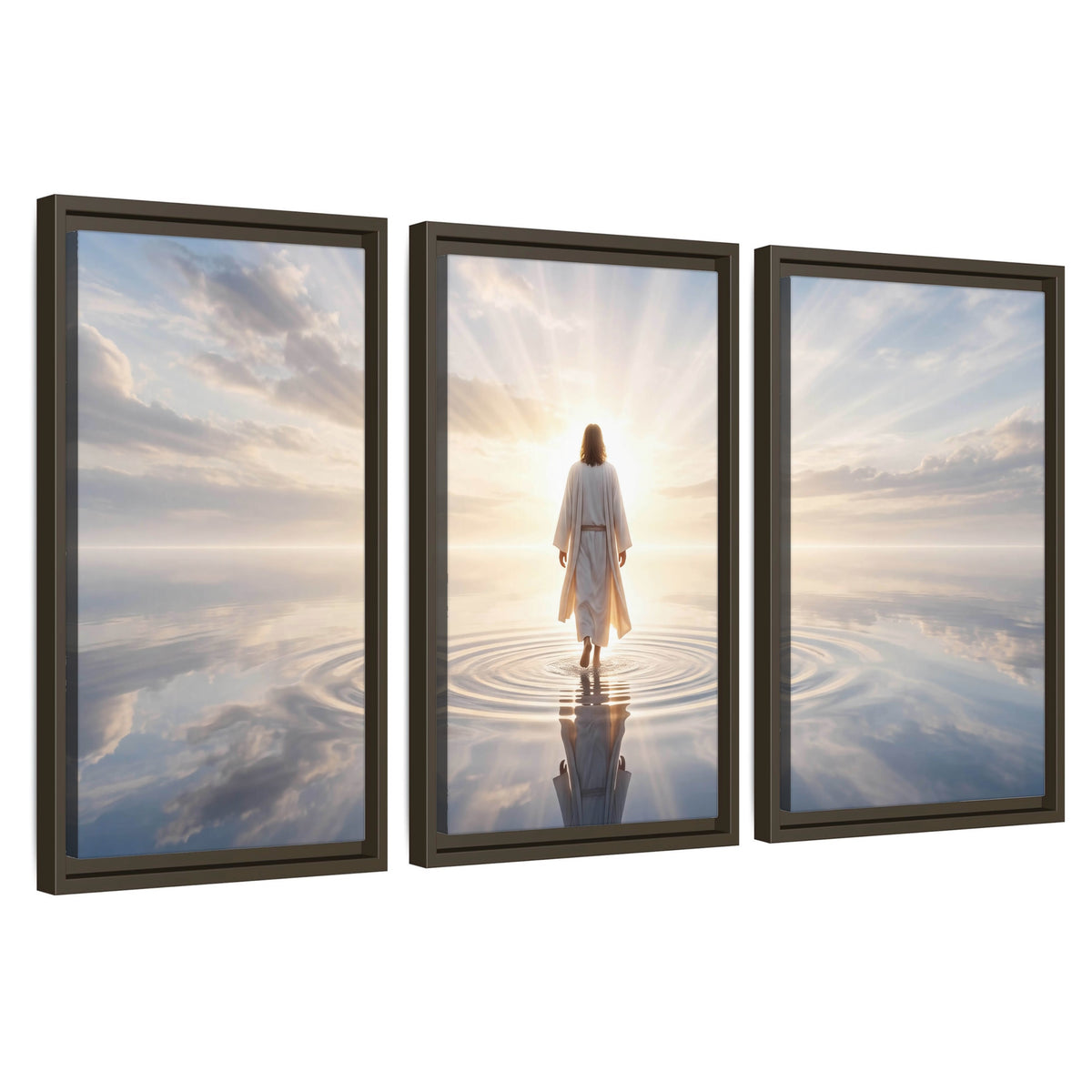 Jesus walking on water painting 3 piece framed canvas wall art set on a white background