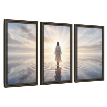 Jesus walking on water painting 3 piece framed canvas wall art set on a white background