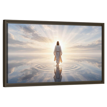 Jesus walking on water painting framed canvas wall art on a white background