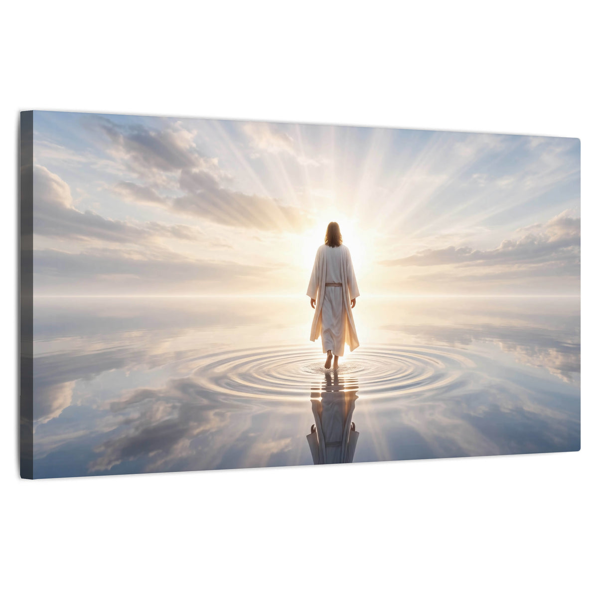 Jesus walking on water painting stretched canvas wall art on a white background