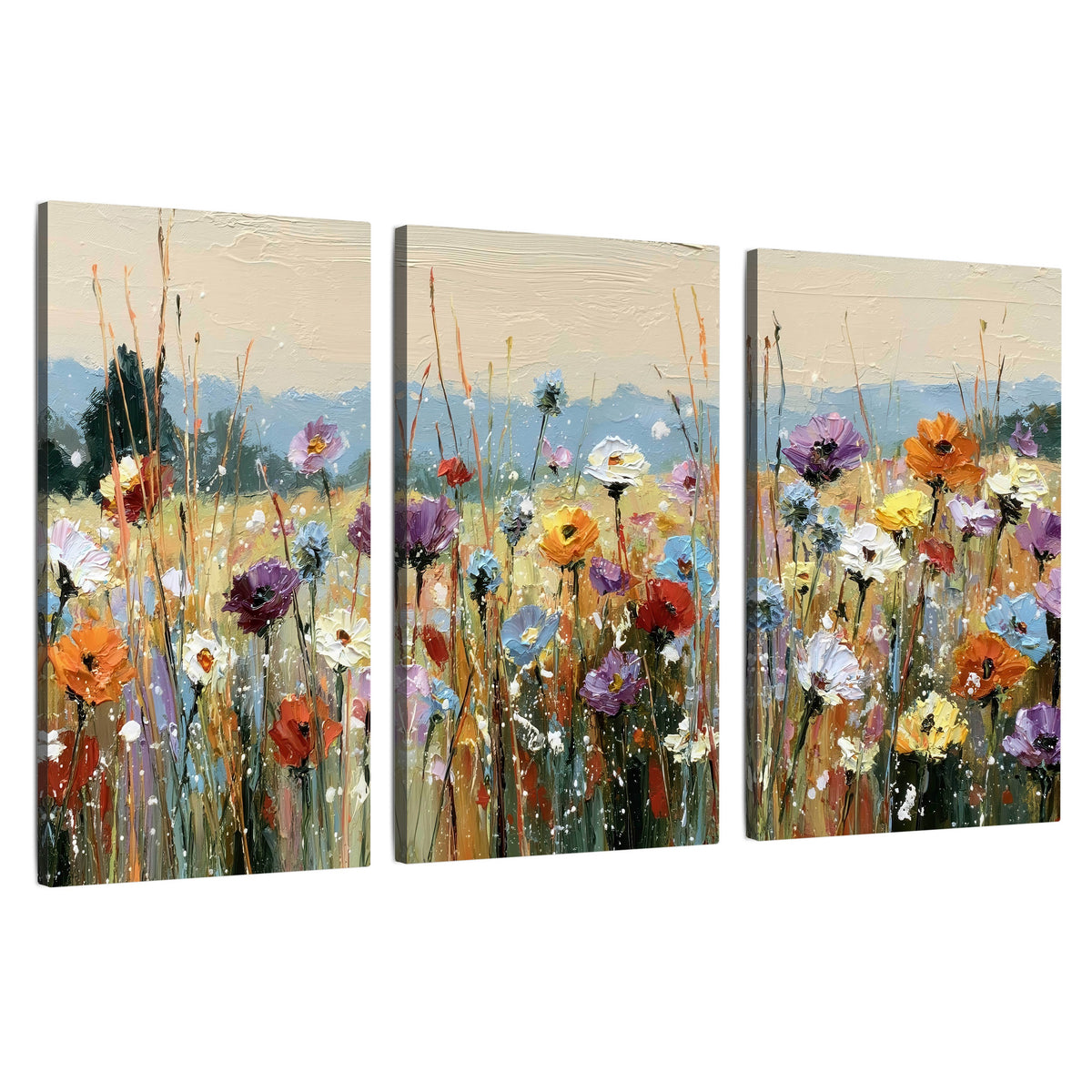 Colorful wildflower meadow painting 3 piece canvas wall art set on a white background