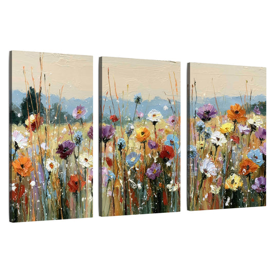 Colorful wildflower meadow painting 3 piece canvas wall art set on a white background