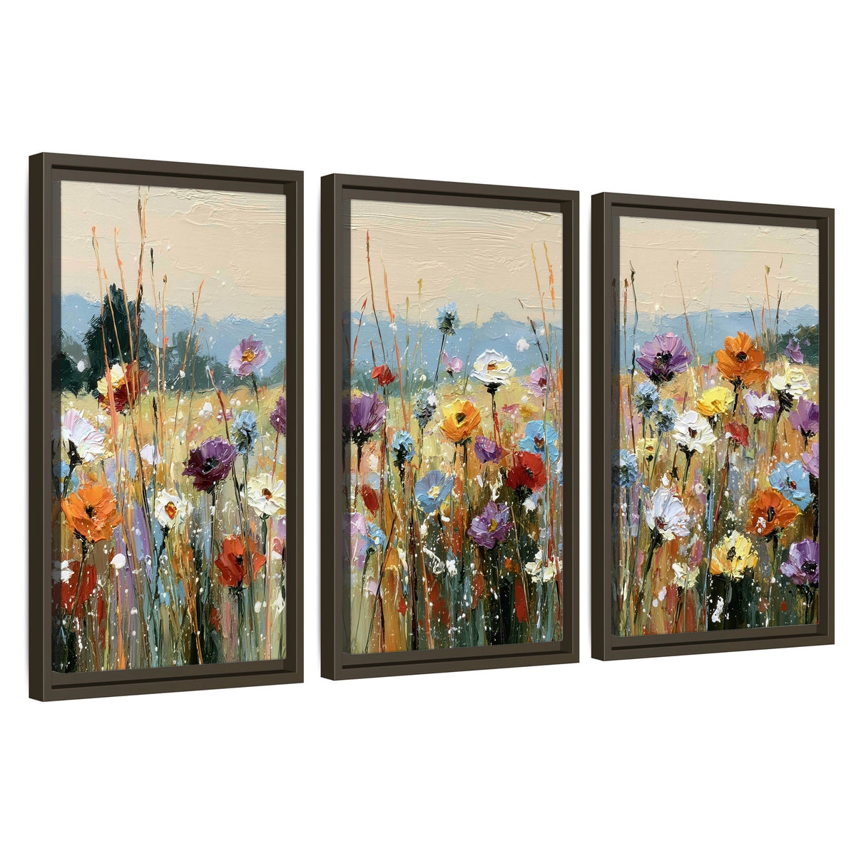 Colorful wildflower meadow painting 3 piece framed canvas wall art set on a white background