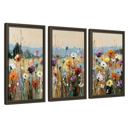 Colorful wildflower meadow painting 3 piece framed canvas wall art set on a white background