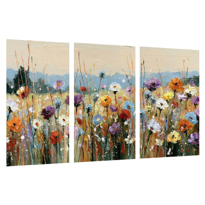 Colorful wildflower meadow painting set of 3 poster prints on a white background