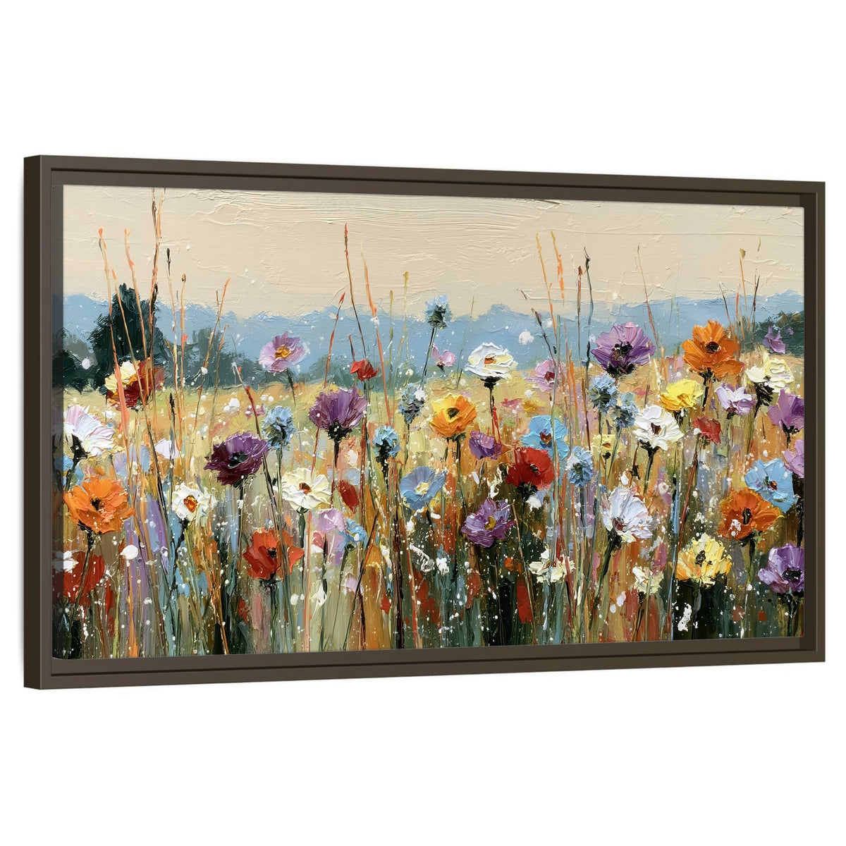 Colorful wildflower meadow painting framed canvas wall art on a white background