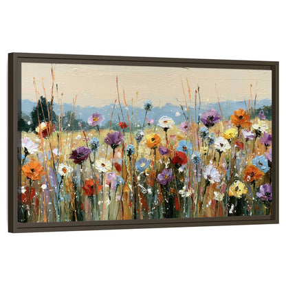 Colorful wildflower meadow painting framed canvas wall art on a white background