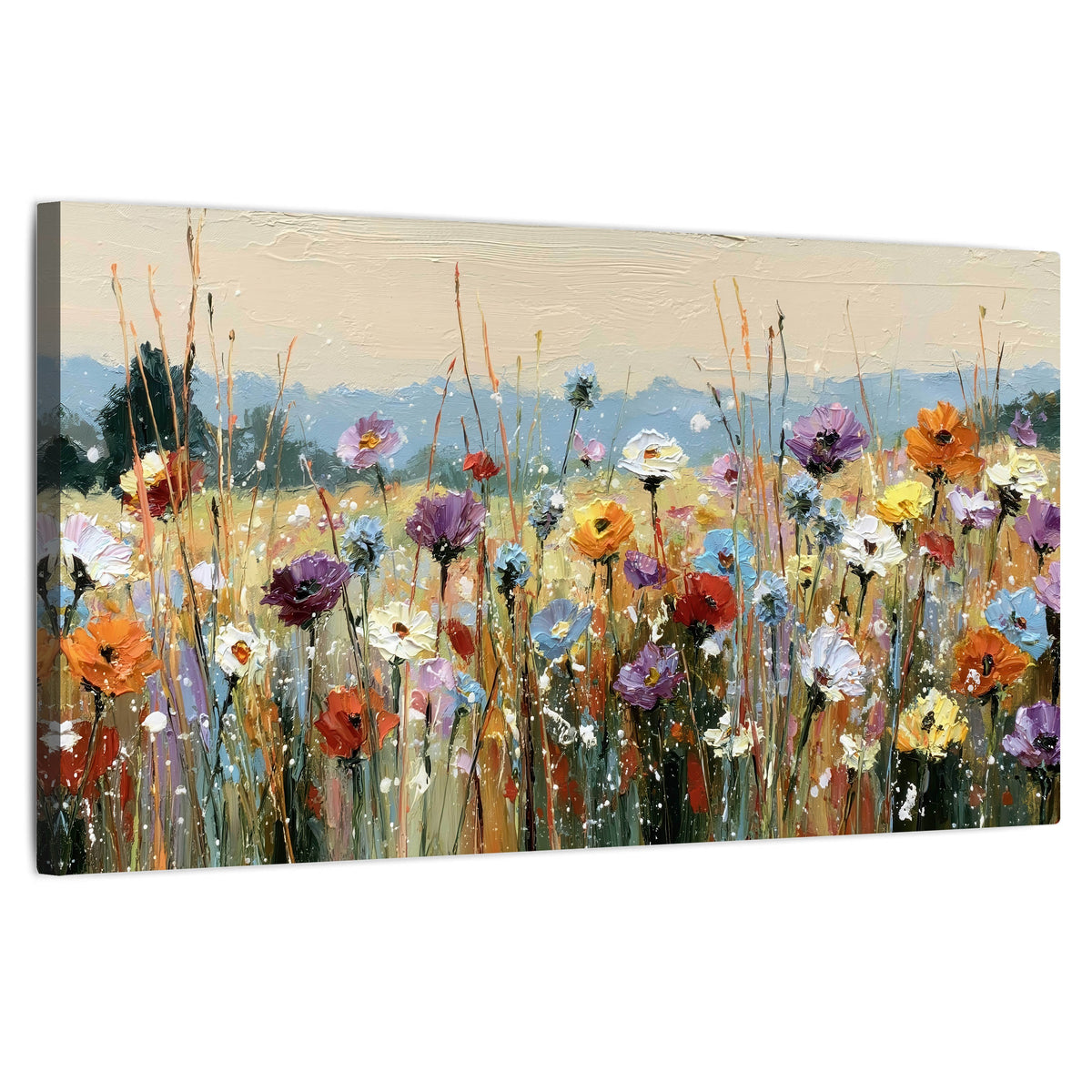 Colorful wildflower meadow painting stretched canvas wall art on a white background
