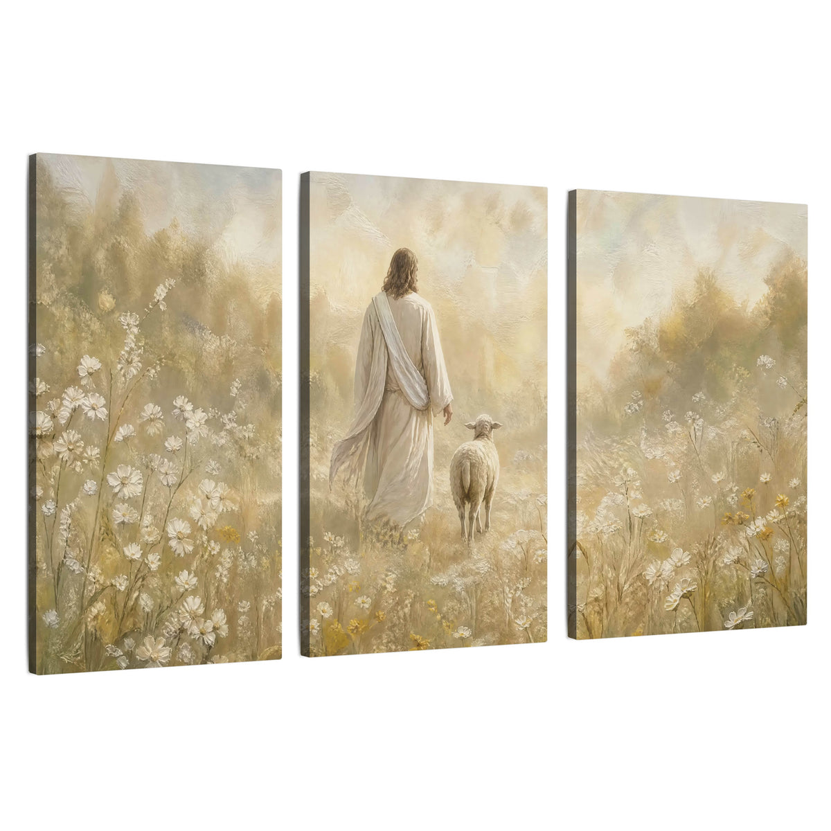 Jesus and the lamb painting 3 piece canvas wall art set on a white background