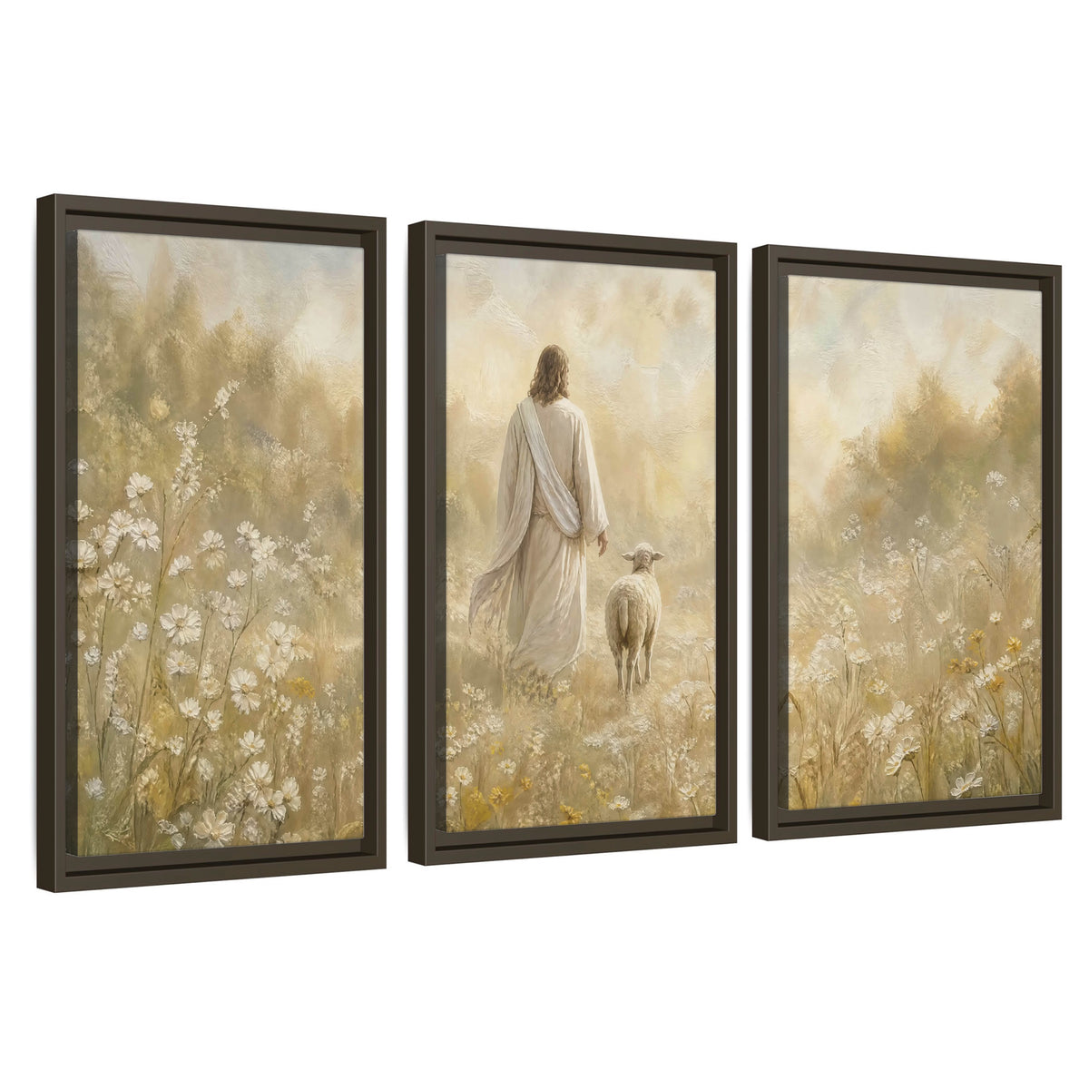 Jesus and the lamb painting 3 piece framed canvas wall art set on a white background