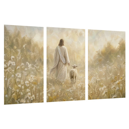 Jesus and the lamb painting set of 3 poster prints on a white background