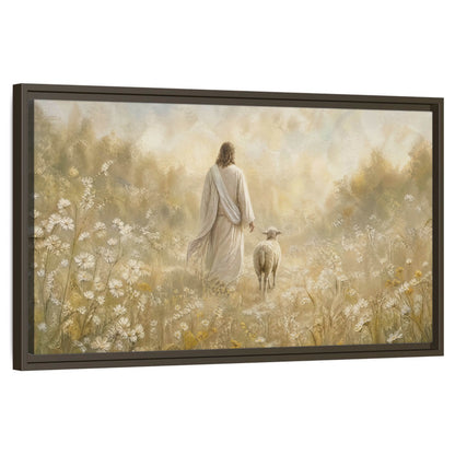 Jesus and the lamb painting framed canvas wall art on a white background