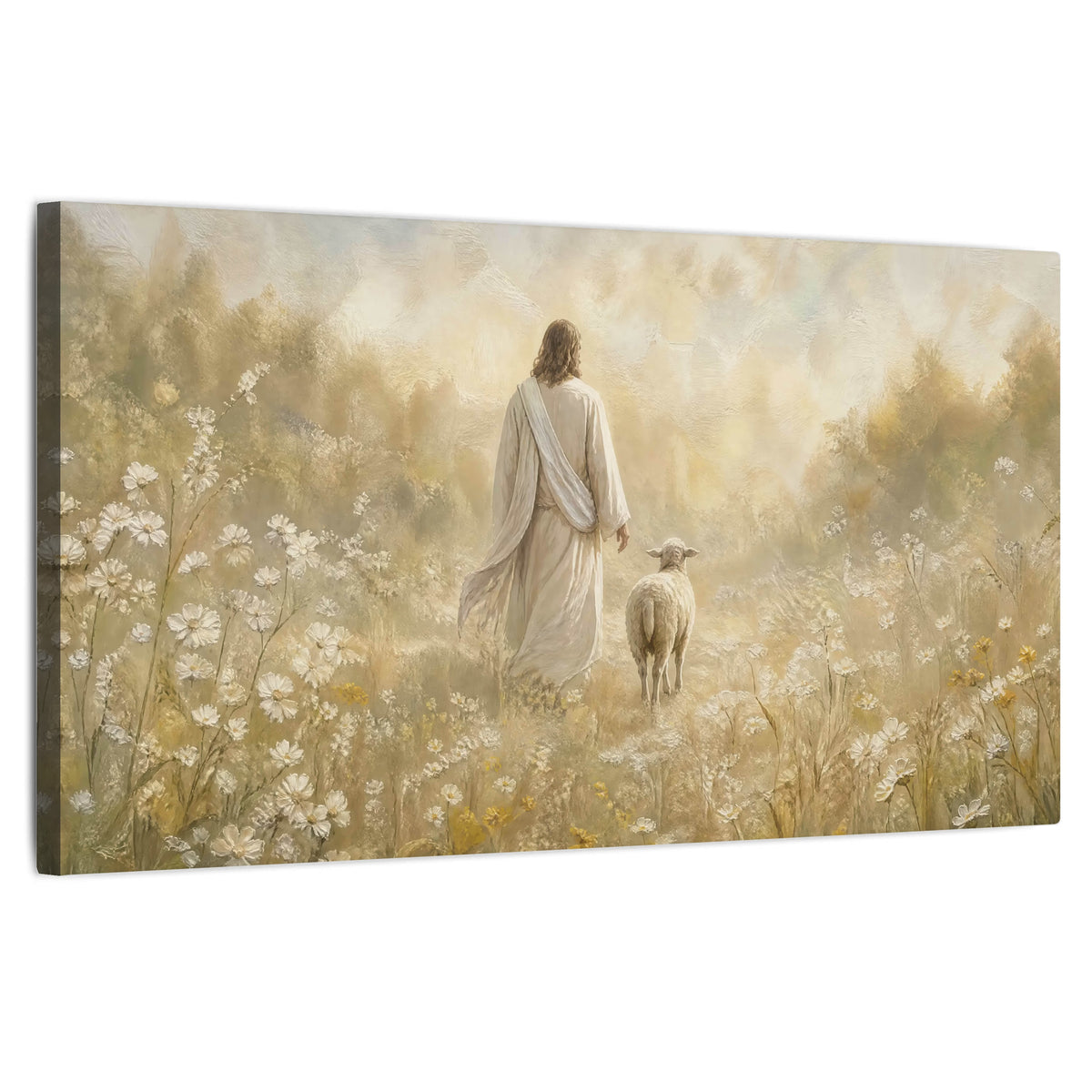 Jesus and the lamb painting stretched canvas wall art on a white background