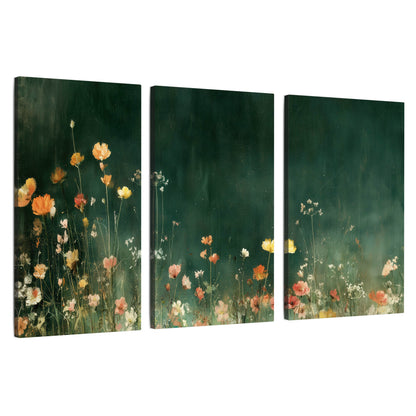 Dark green wildflower painting 3 piece canvas wall art set on a white background