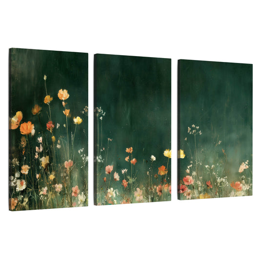 Dark green wildflower painting 3 piece canvas wall art set on a white background