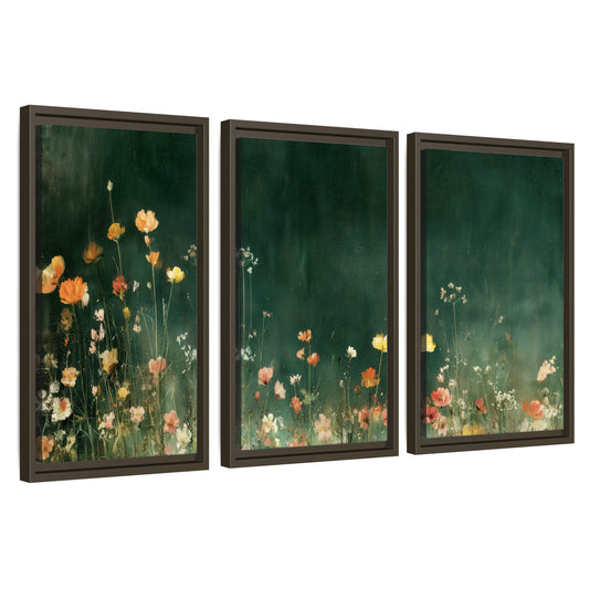 Dark green wildflower painting 3 piece framed canvas wall art set on a white background