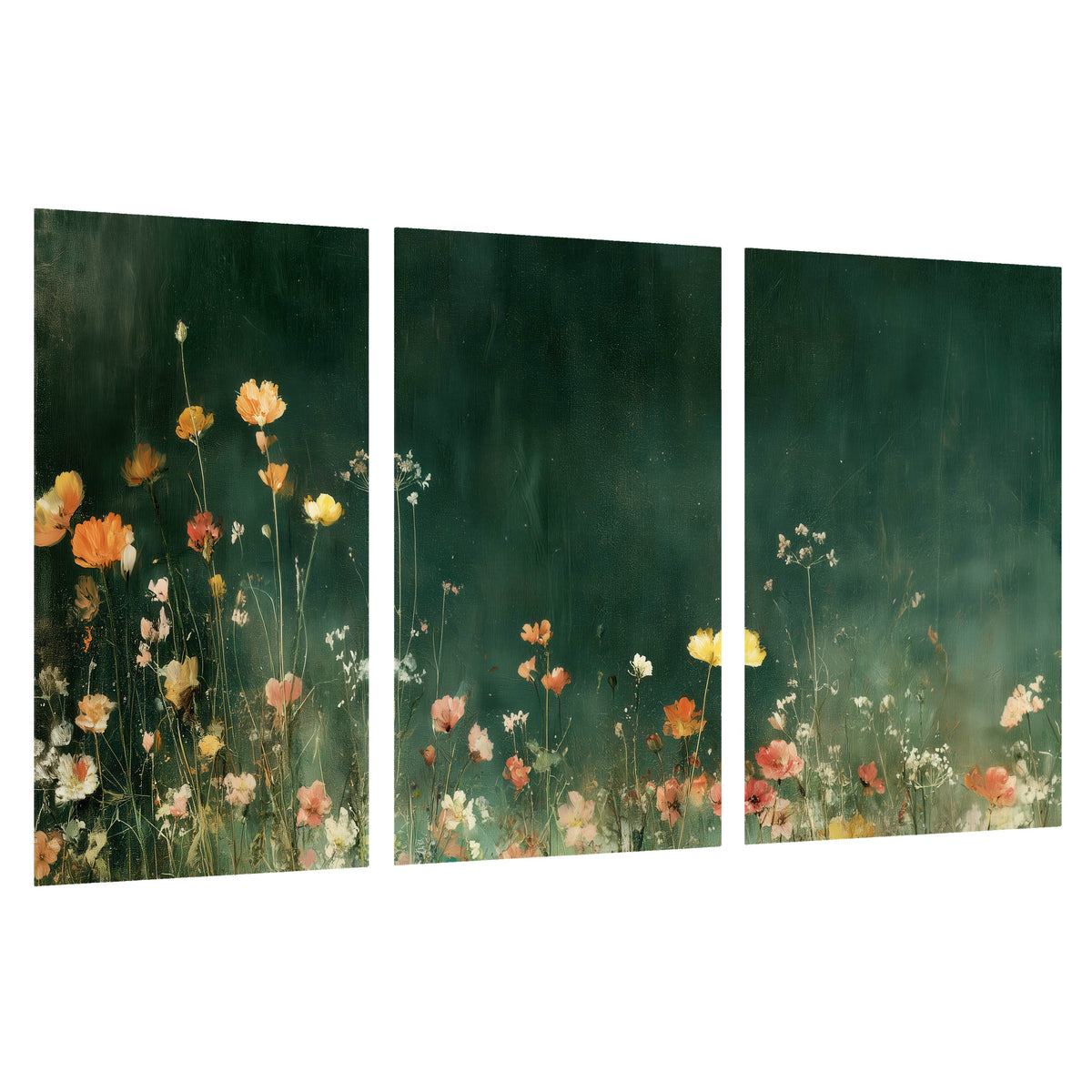 Dark green wildflower painting set of 3 poster prints on a white background