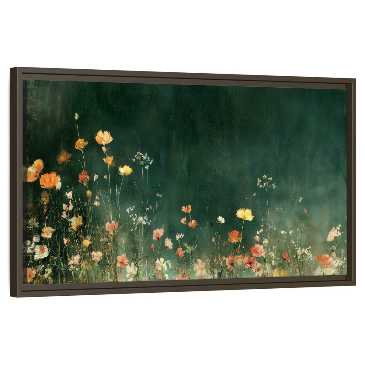 Dark green wildflower painting framed canvas wall art on a white background