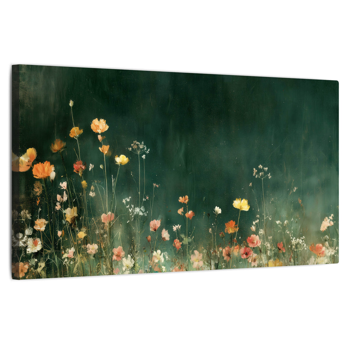 Dark green wildflower painting stretched canvas wall art on a white background