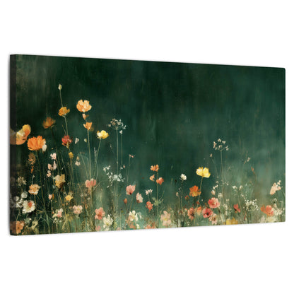Dark green wildflower painting stretched canvas wall art on a white background
