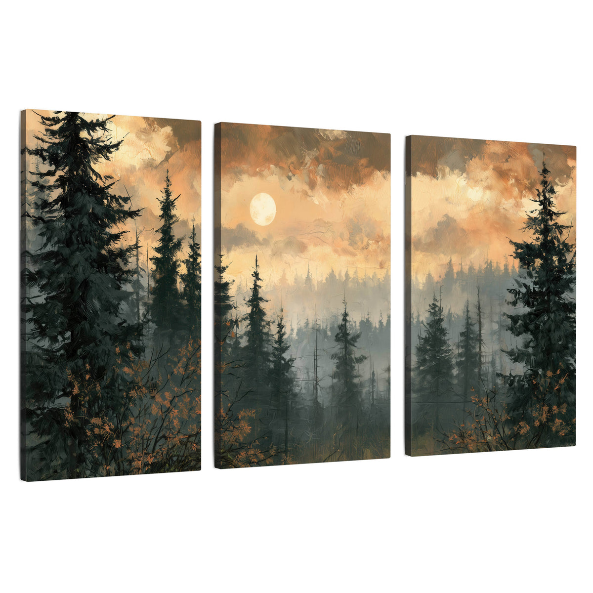 Misty pine forest painting 3 piece canvas wall art set on a white background