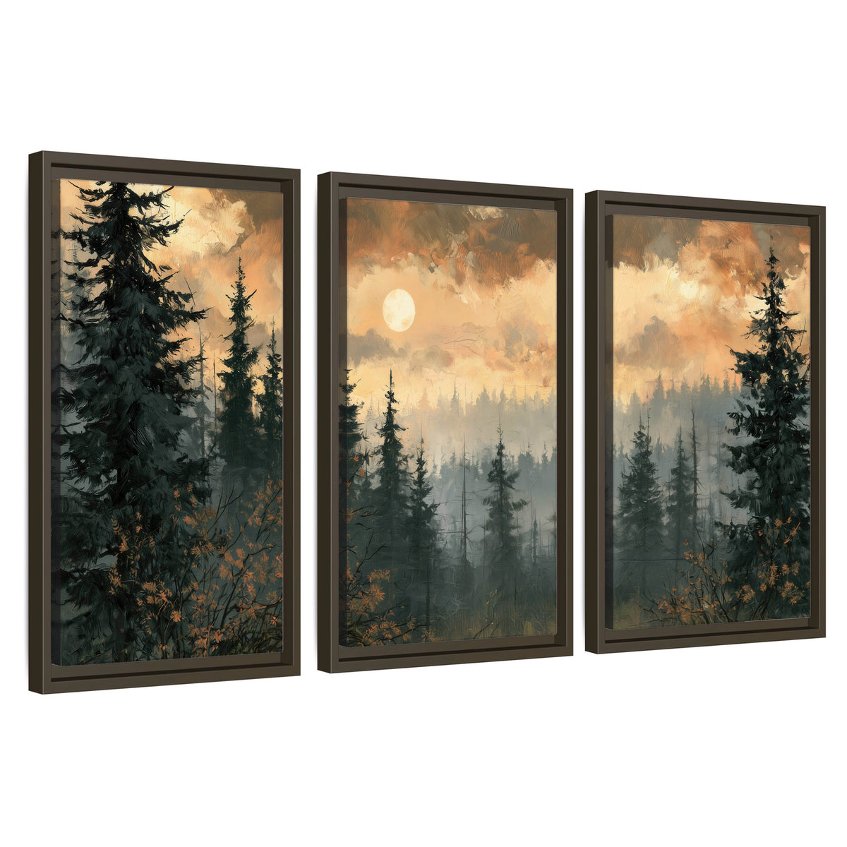 Misty pine forest painting 3 piece framed canvas wall art set on a white background