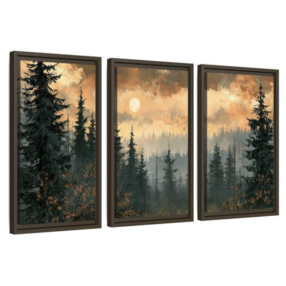 Misty pine forest painting 3 piece framed canvas wall art set on a white background