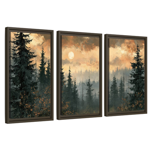 Misty pine forest painting 3 piece framed canvas wall art set on a white background
