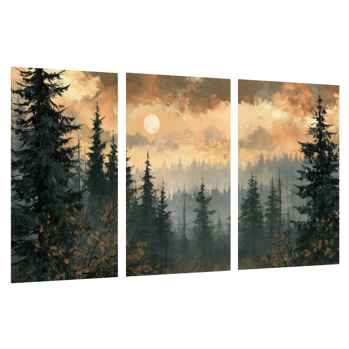 Misty pine forest painting set of 3 poster prints on a white background