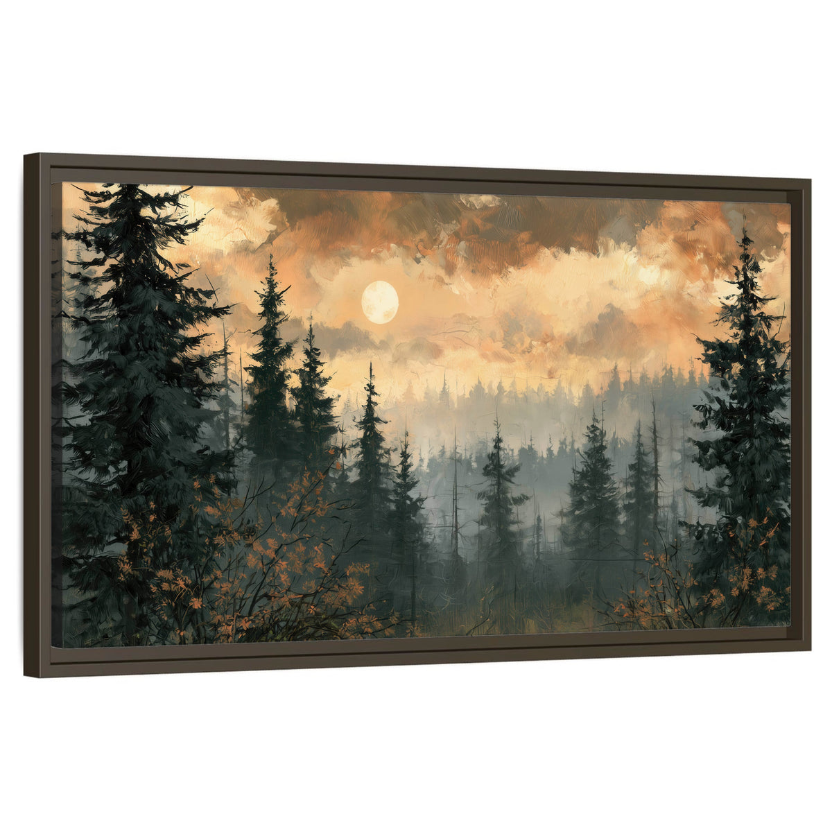 Misty pine forest painting framed canvas wall art on a white background