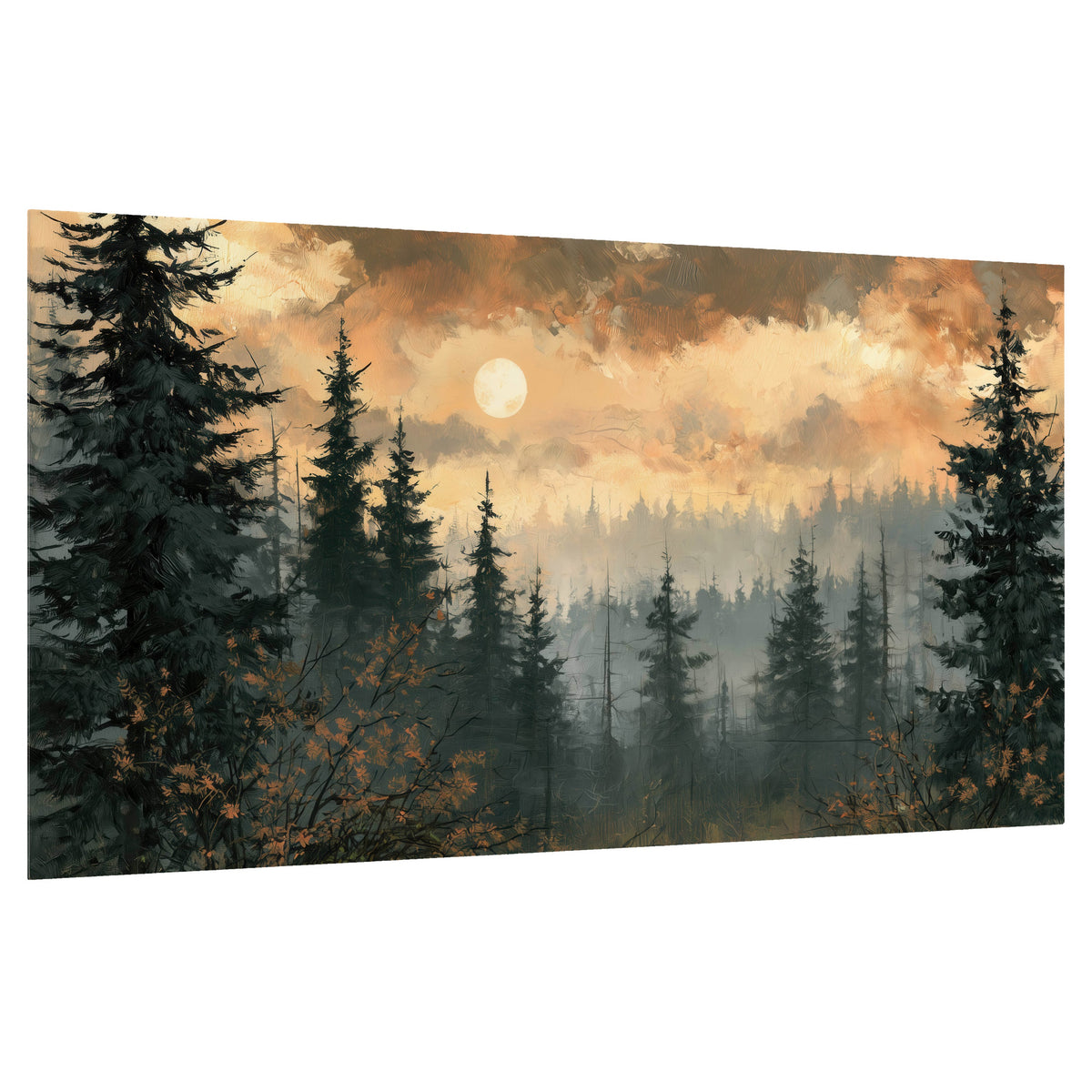 Misty pine forest painting poster print on a white background
