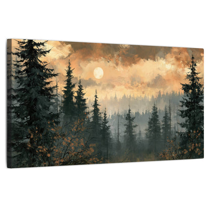 Misty pine forest painting stretched canvas wall art on a white background