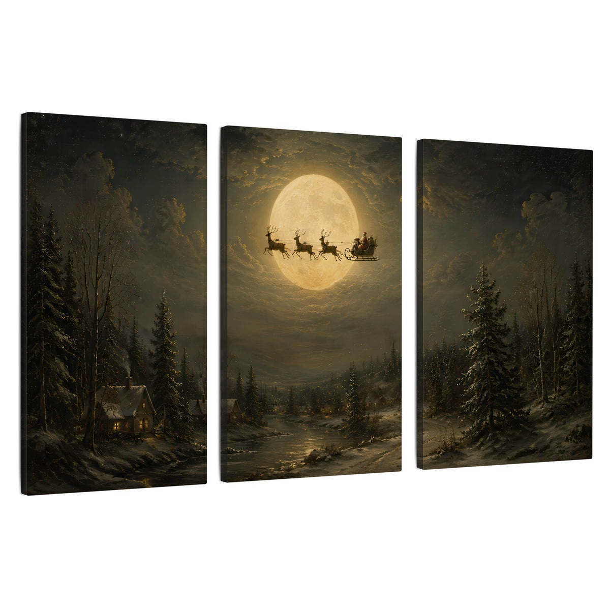 Santa sleigh full moon painting 3 piece canvas wall art set on a white background