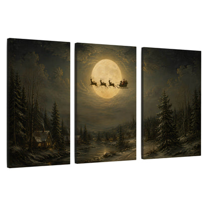 Santa sleigh full moon painting 3 piece canvas wall art set on a white background