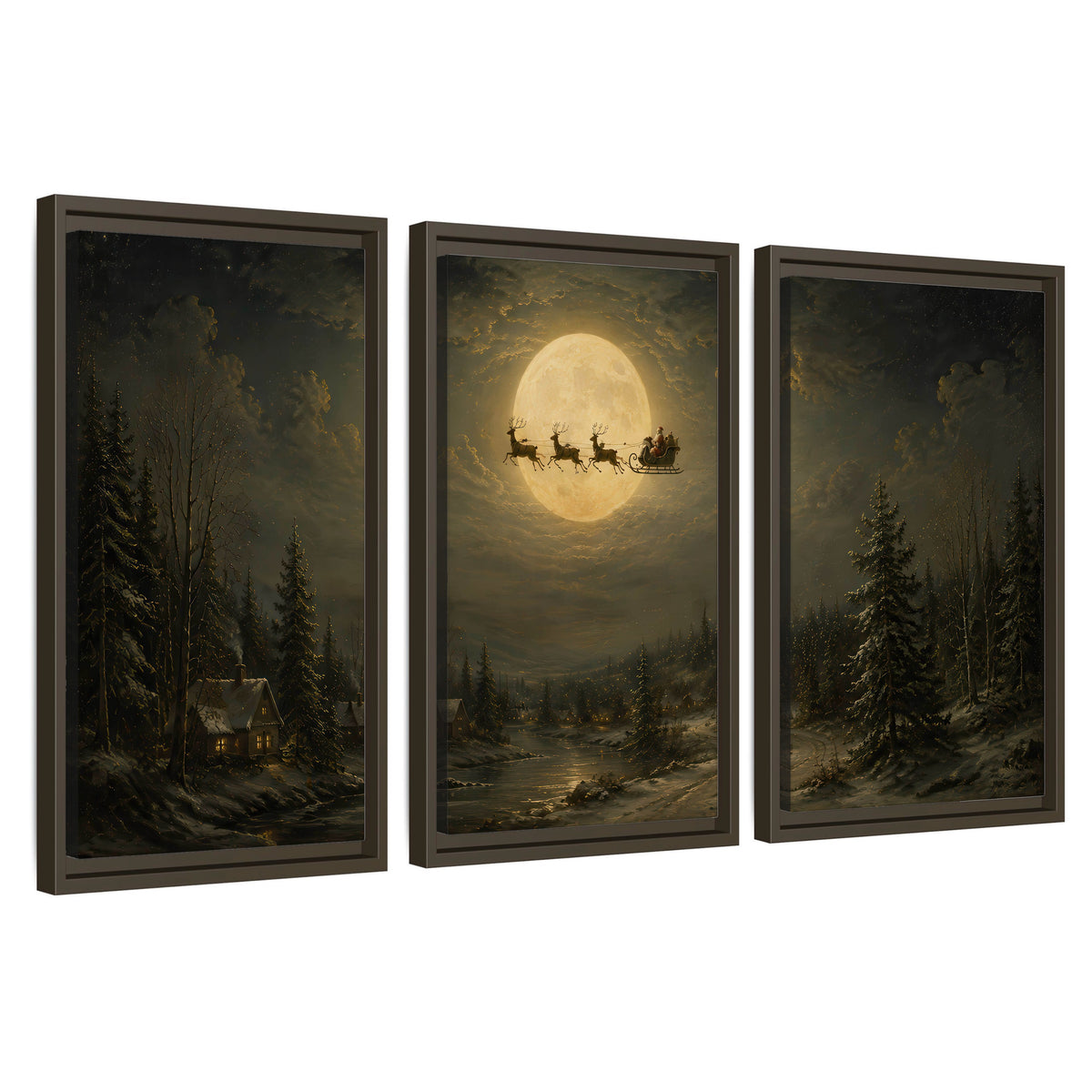 Santa sleigh full moon painting 3 piece framed canvas wall art set on a white background
