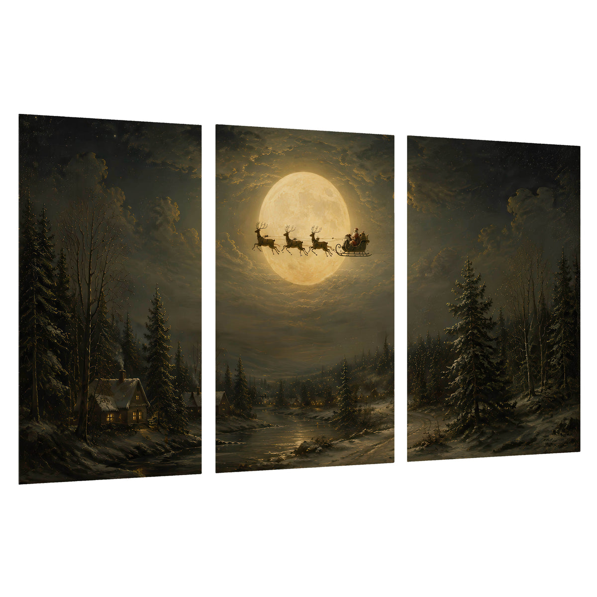 Santa sleigh full moon painting set of 3 poster prints on a white background