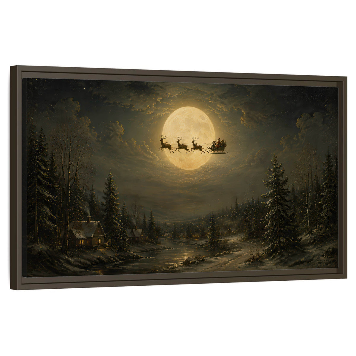Santa sleigh full moon painting framed canvas wall art on a white background