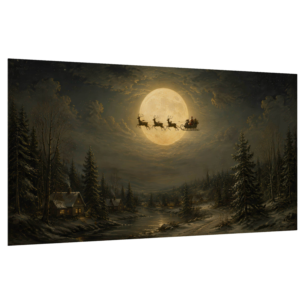 Santa sleigh full moon painting poster print on a white background
