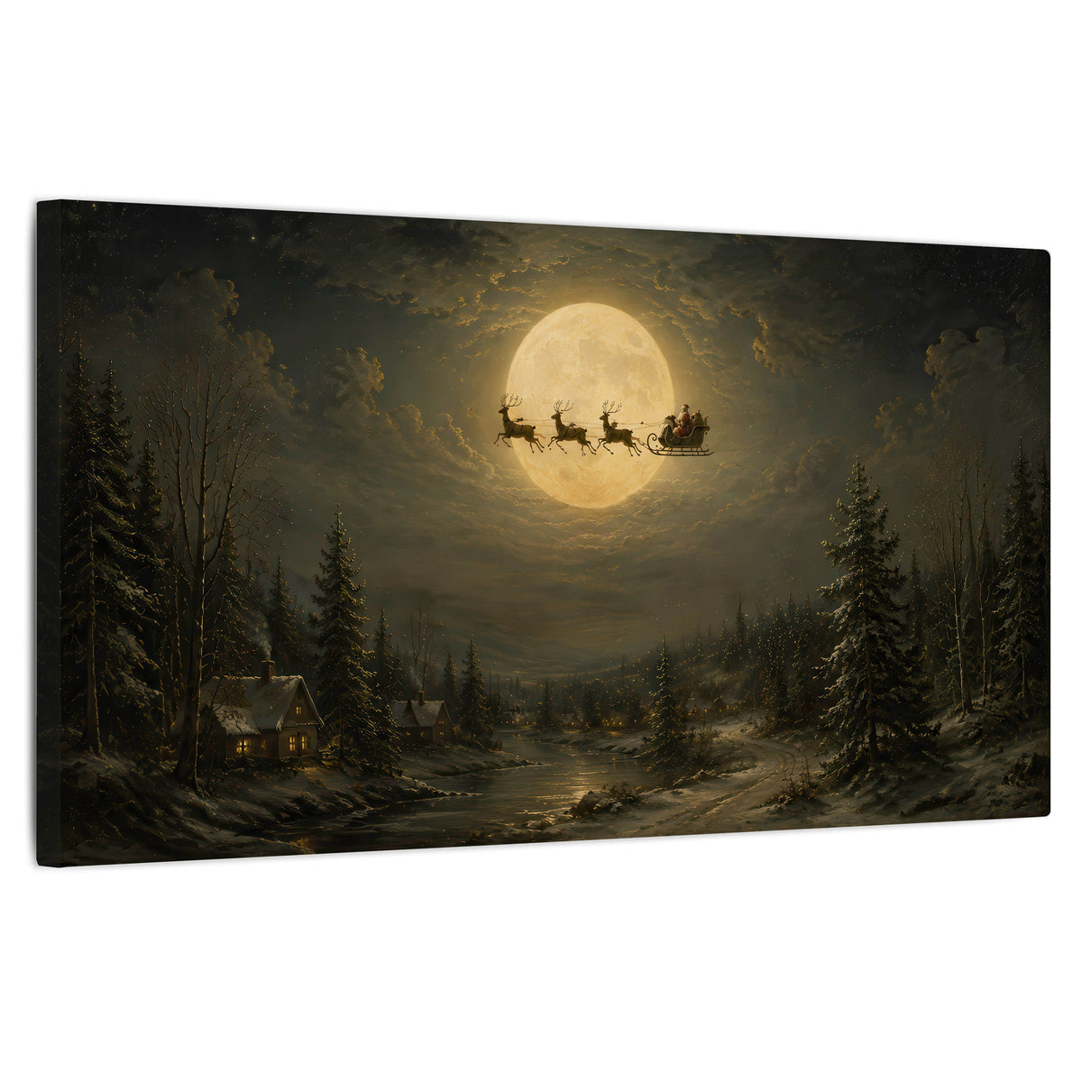 Santa sleigh full moon painting stretched canvas wall art on a white background