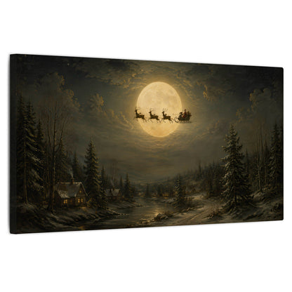 Santa sleigh full moon painting stretched canvas wall art on a white background