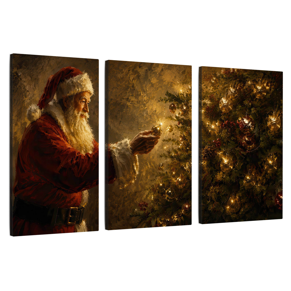 Santa and Christmas tree painting 3 piece canvas wall art set on a white background