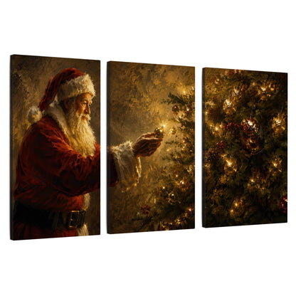 Santa and Christmas tree painting 3 piece canvas wall art set on a white background