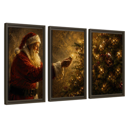 Santa and Christmas tree painting 3 piece framed canvas wall art set on a white background