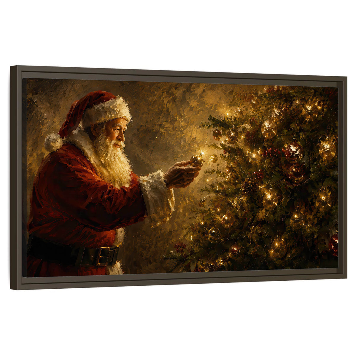 Santa and Christmas tree painting framed canvas wall art on a white background