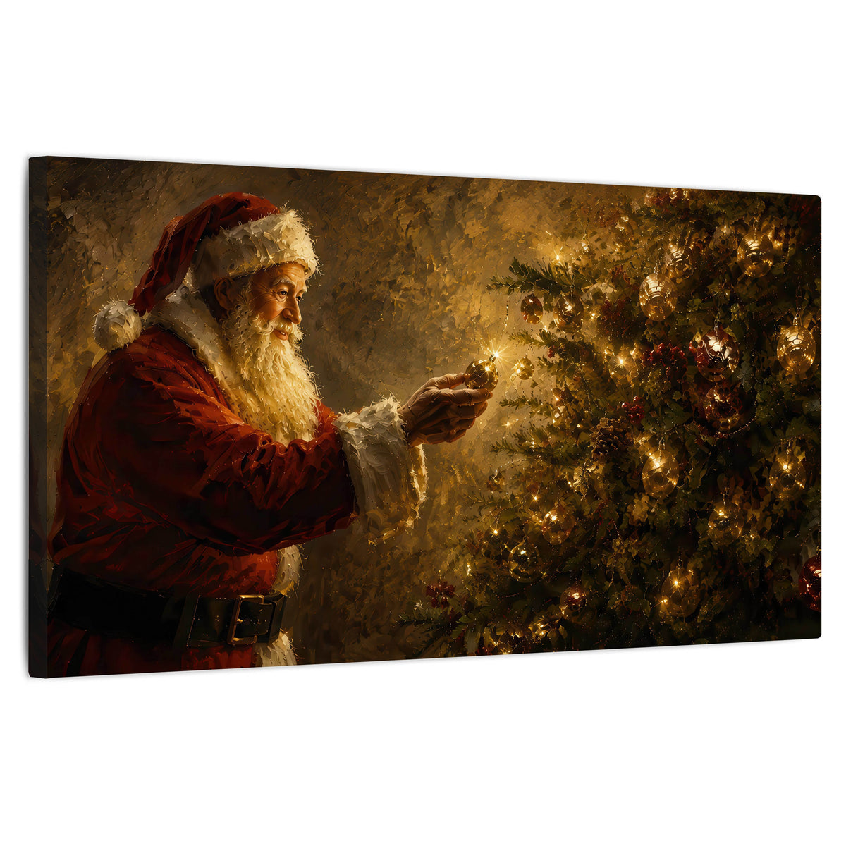Santa and Christmas tree painting stretched canvas wall art on a white background