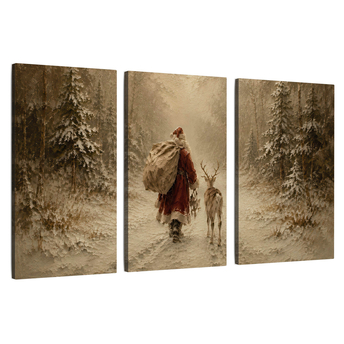 Santa and reindeer painting 3 piece canvas wall art set on a white background