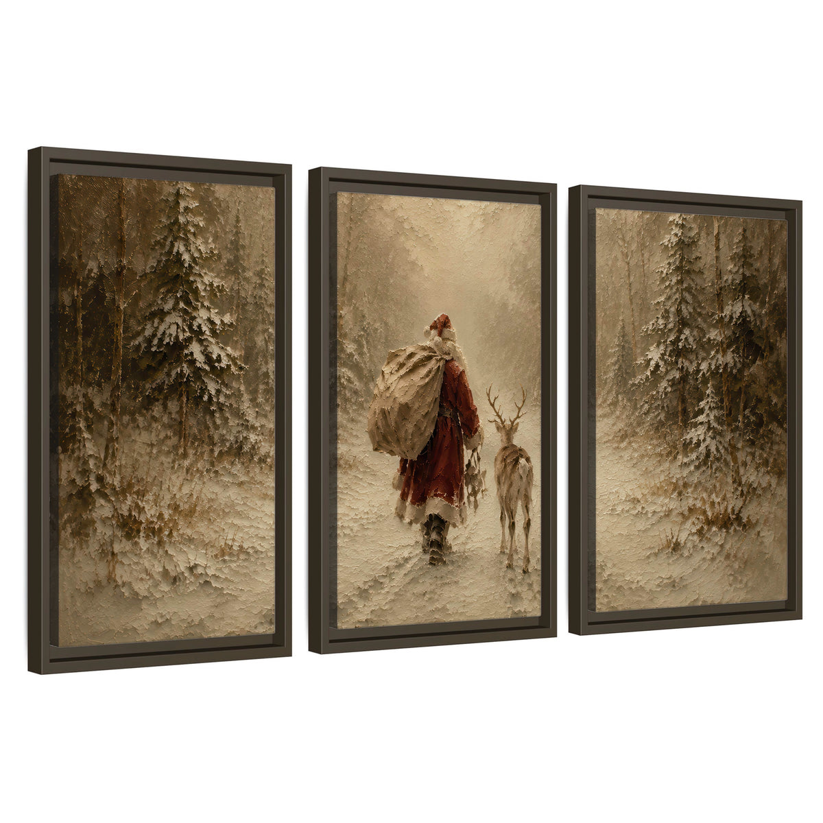 Santa and reindeer painting 3 piece framed canvas wall art set on a white background