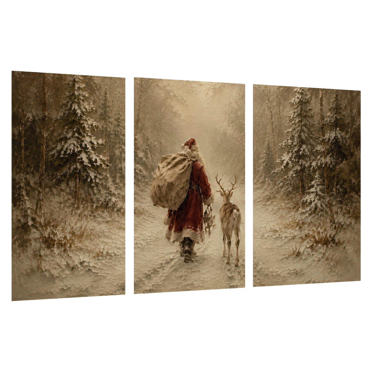 Santa and reindeer painting set of 3 poster prints on a white background