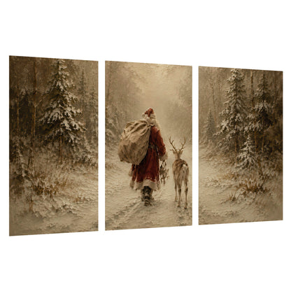 Santa and reindeer painting set of 3 poster prints on a white background